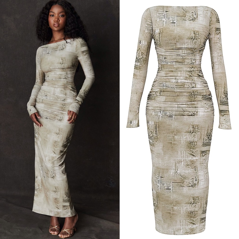 House of CB Lanetta ruched bateau neck long sleeve georgette maxi dress